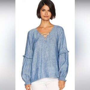 Sanctuary Linen Peasant Ruffled Puff Sleeve Top Size S Cottagecore Natural Blue